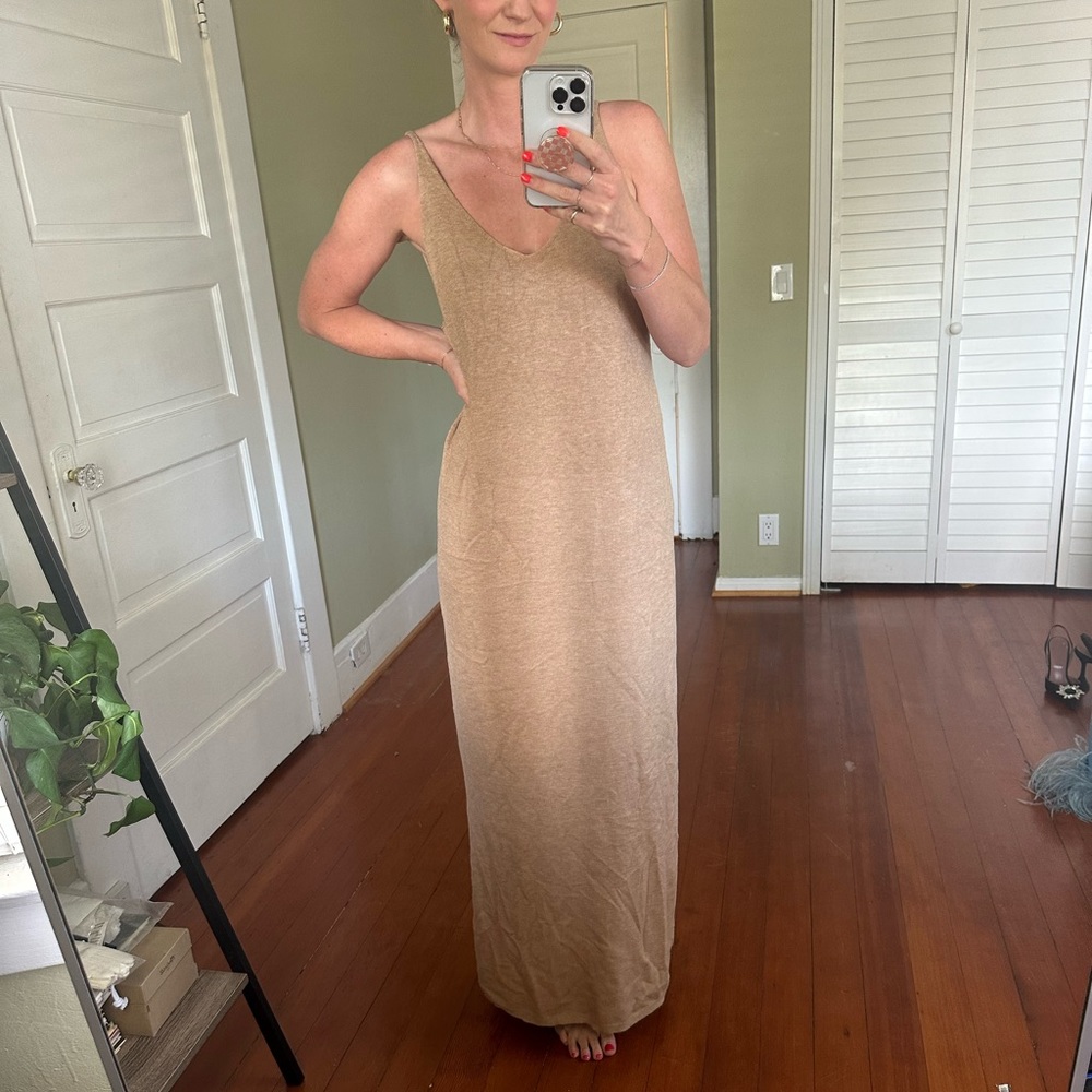 Cashmere maxi dress in camel, oversized for quiet luxury vibe